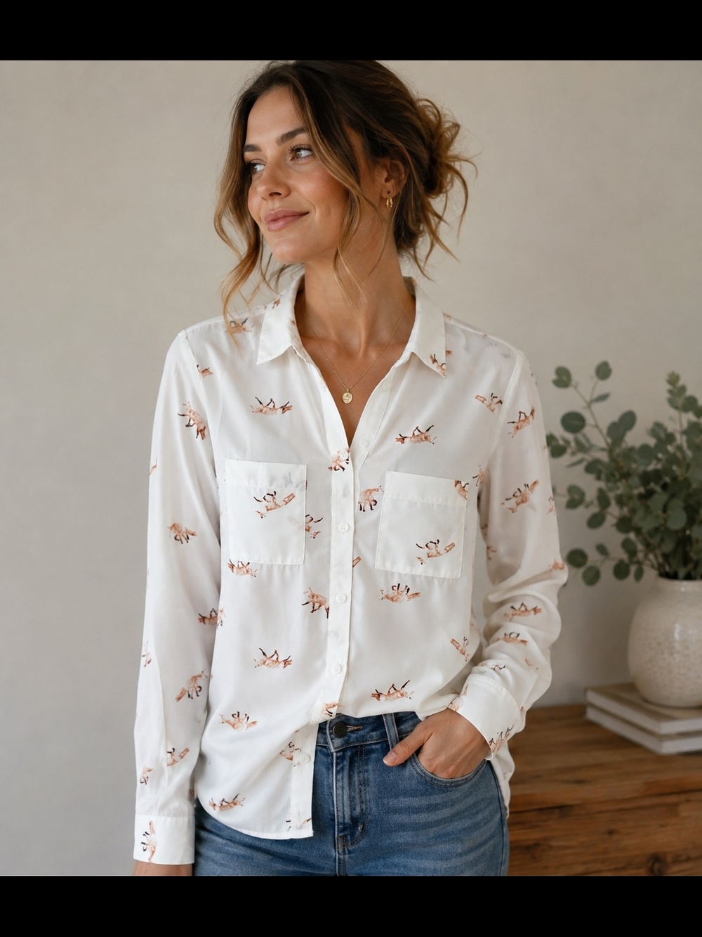 RW&CO. Fox Print Button-Down Blouse